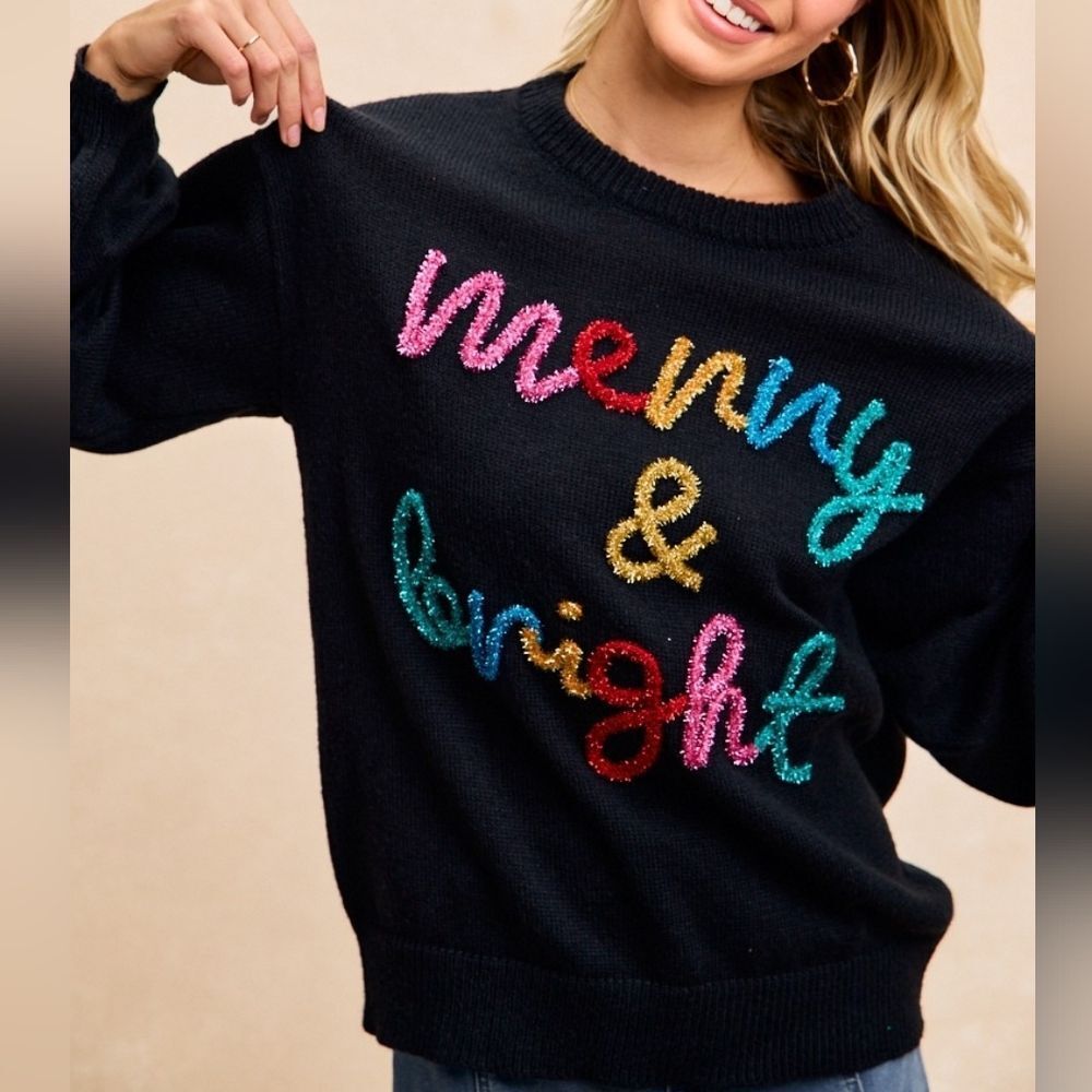 BiBi "Merry & Bright" Black Garland Cursive Text Sweater | Colorful Holiday Larg